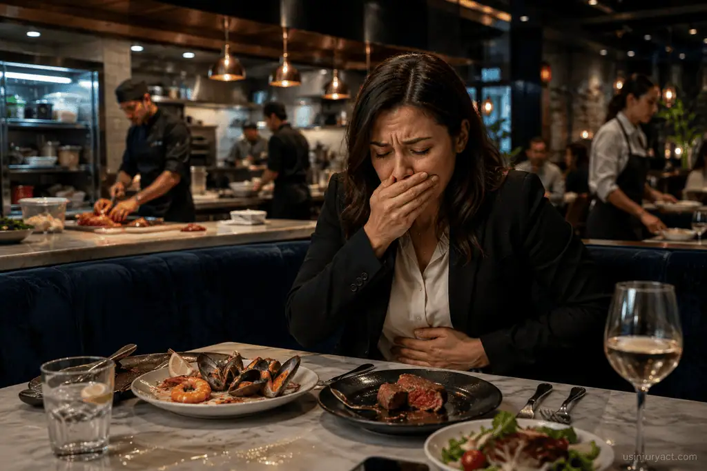 Visibly ill customer experiencing food poisoning and contamination symptoms after dining suggesting restaurant negligence and potential personal injury liability